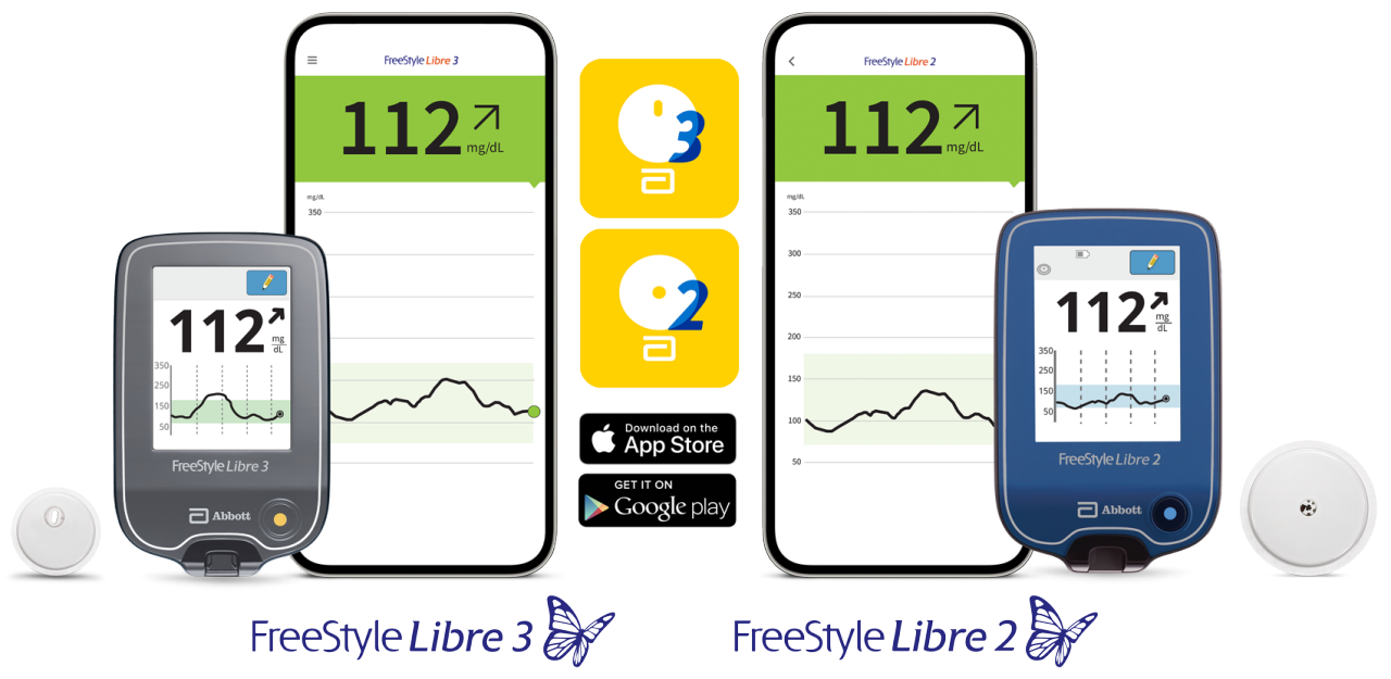 FreeStyle Libre 3 sensor, FreeStyle Libre 3 app and icon, FreeStyle Libre 2 sensor and reader, FreeStyle Libre 2 app and icon.